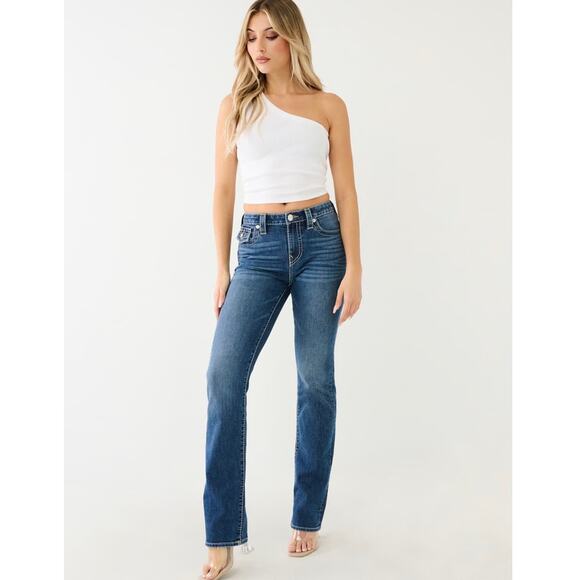 True Religion Women Billy Straight Boot Stud Flap Pocket Dark Wash Jeans 28 x 33 - Picture 1 of 15